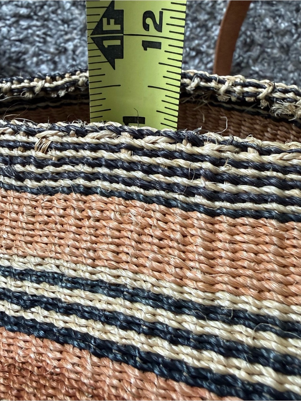 African Sisal Straw Woven Market Tote Bag Leather Strap Stripes Geometric Design - Picture 8 of 10